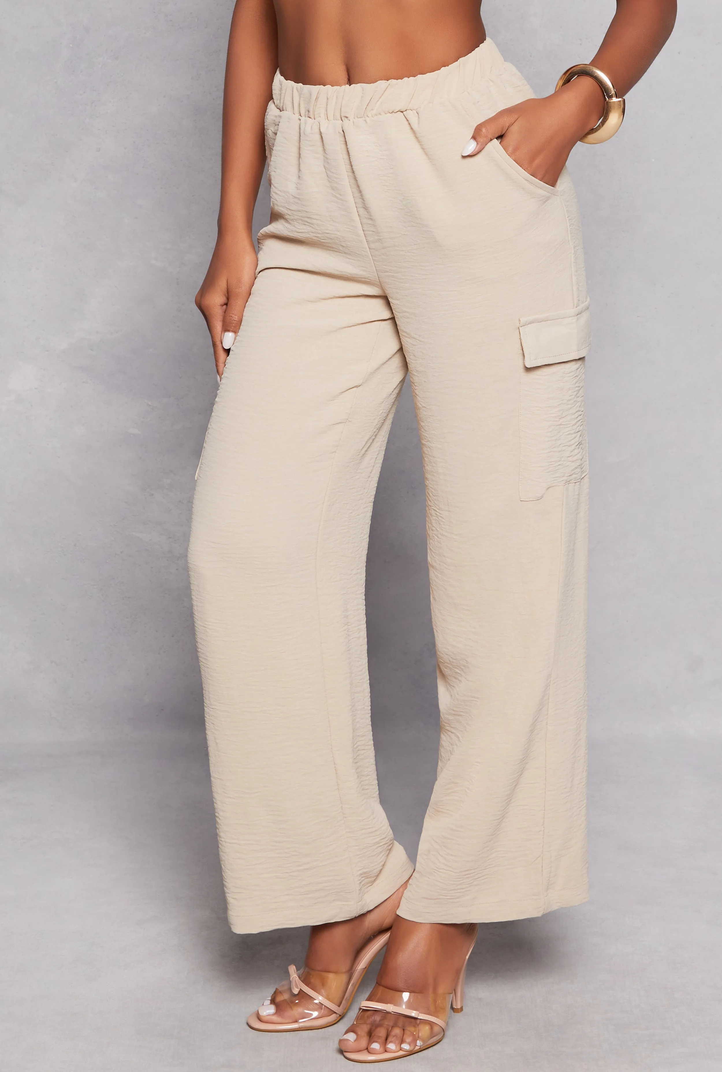 Airy Crepe Knit Cargo Wide Leg Pants
