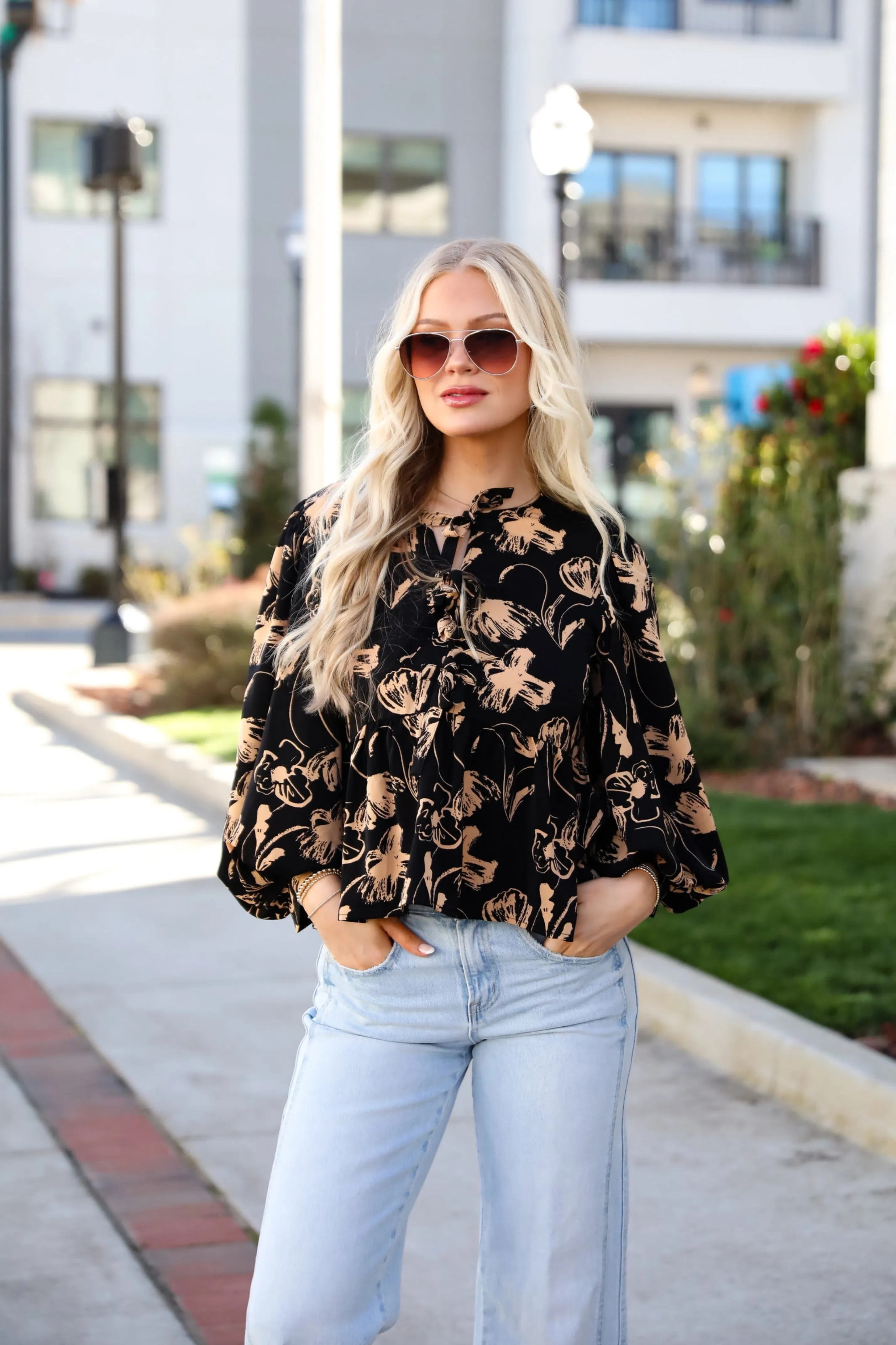 Alluring Invite Black Floral Bow Blouse