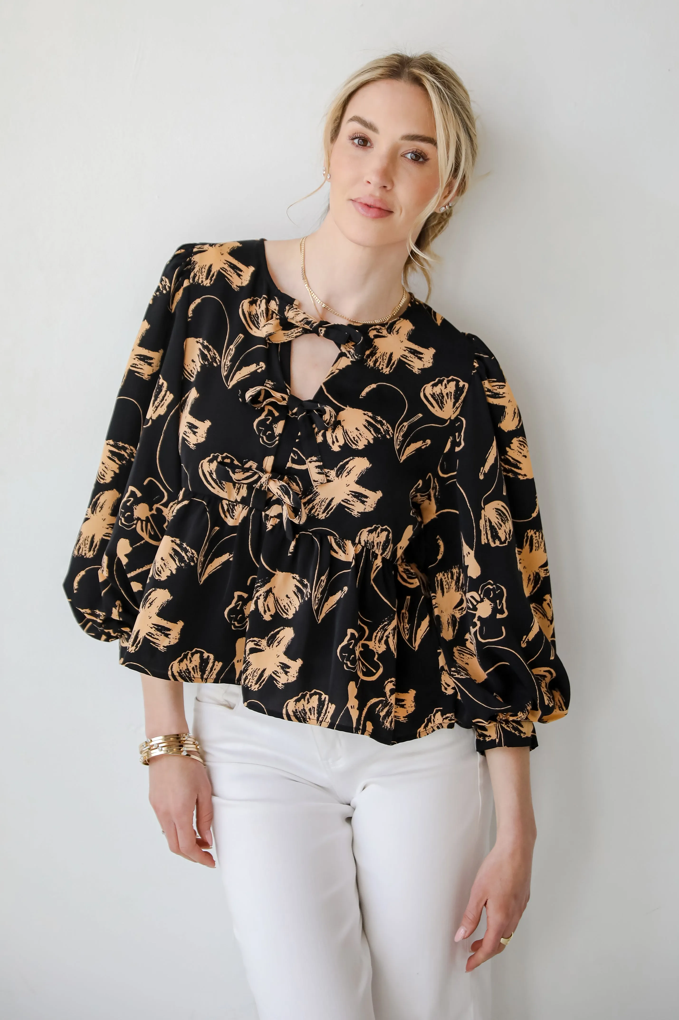 Alluring Invite Black Floral Bow Blouse