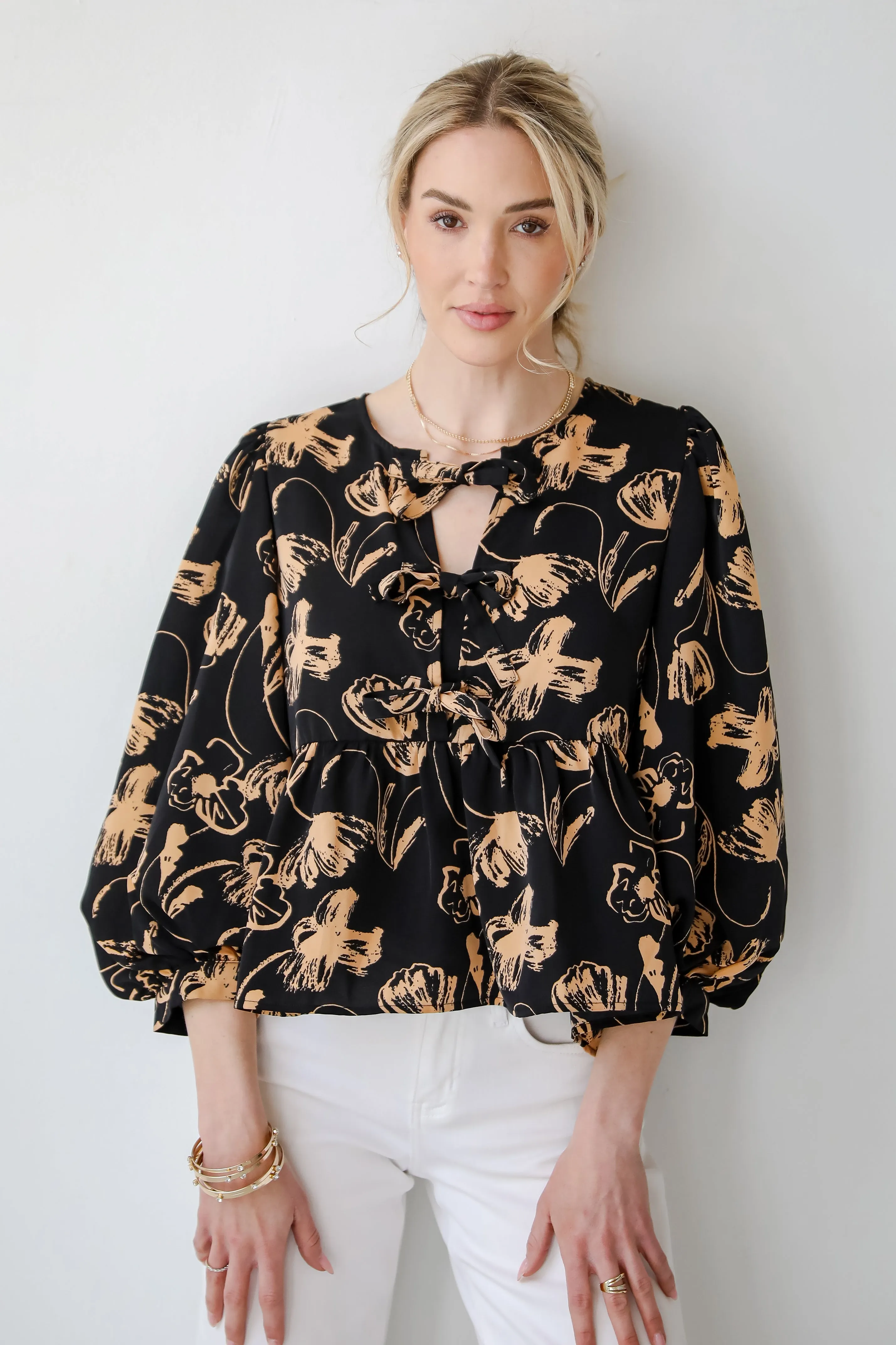 Alluring Invite Black Floral Bow Blouse