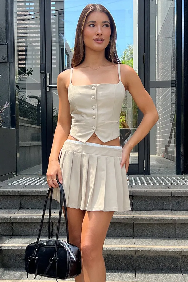 Beige Pleated Skirt High Waisted Contrast Waistband