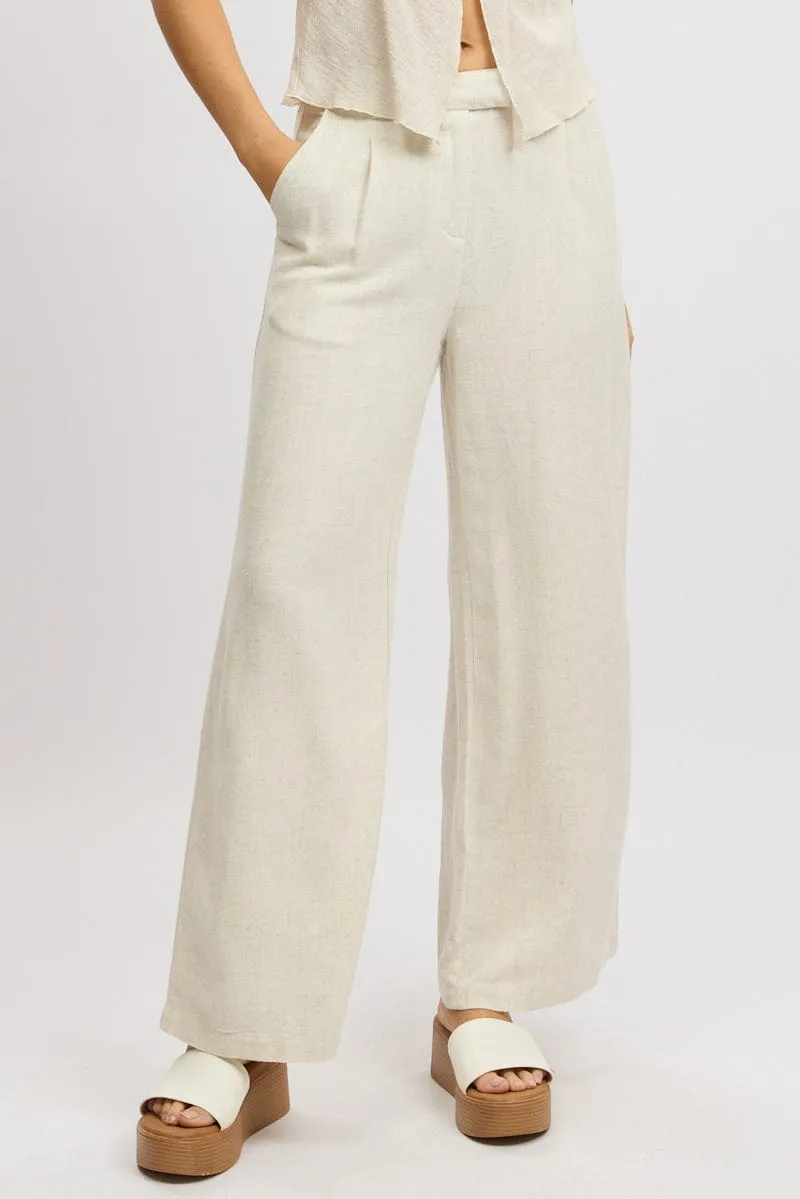 Beige Wide Leg Pants Mid Rise