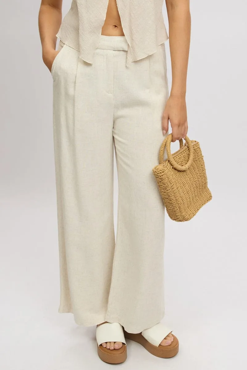 Beige Wide Leg Pants Mid Rise