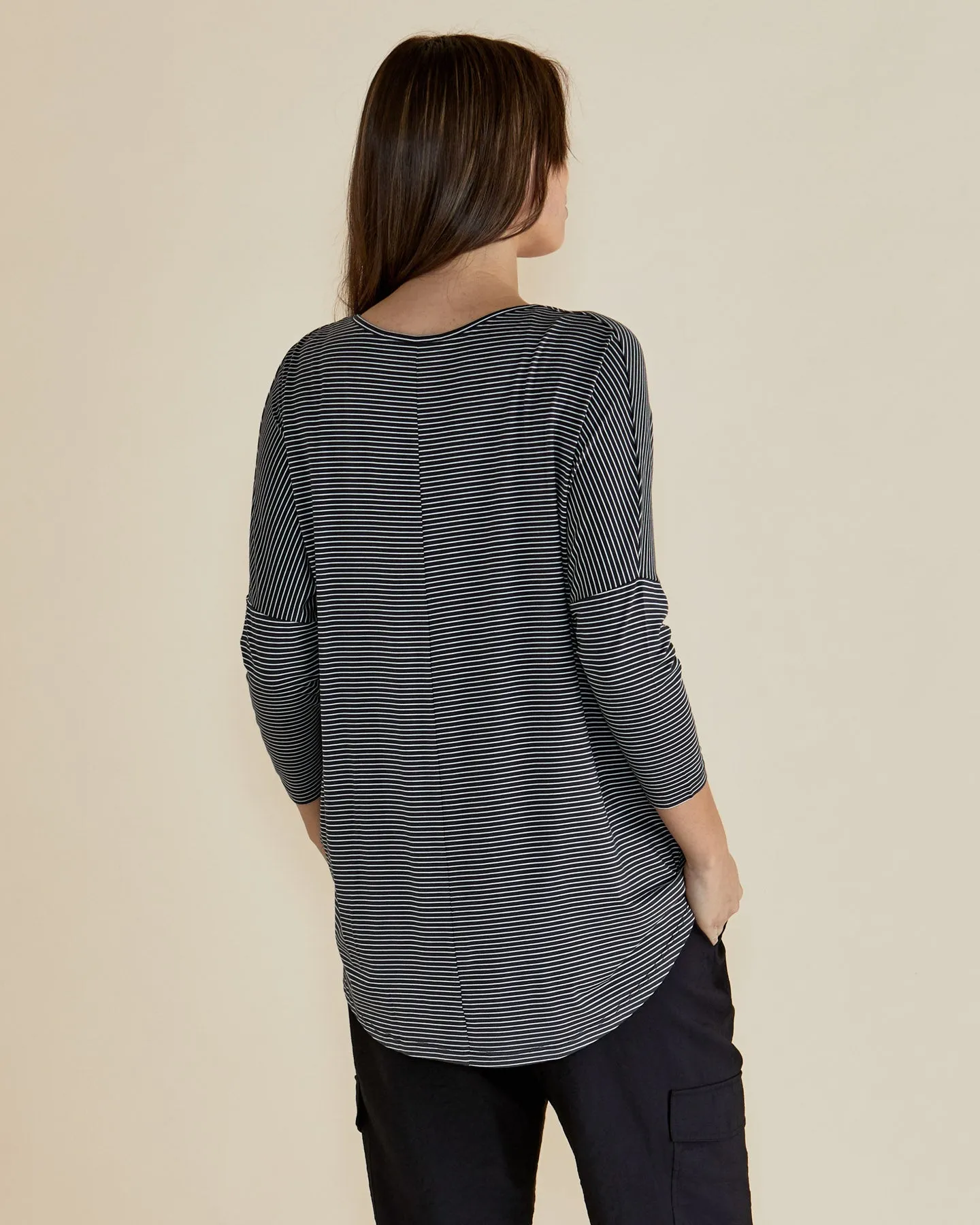 Betty Basics Milan 3/4 Sleeve Top Charcoal Stripe