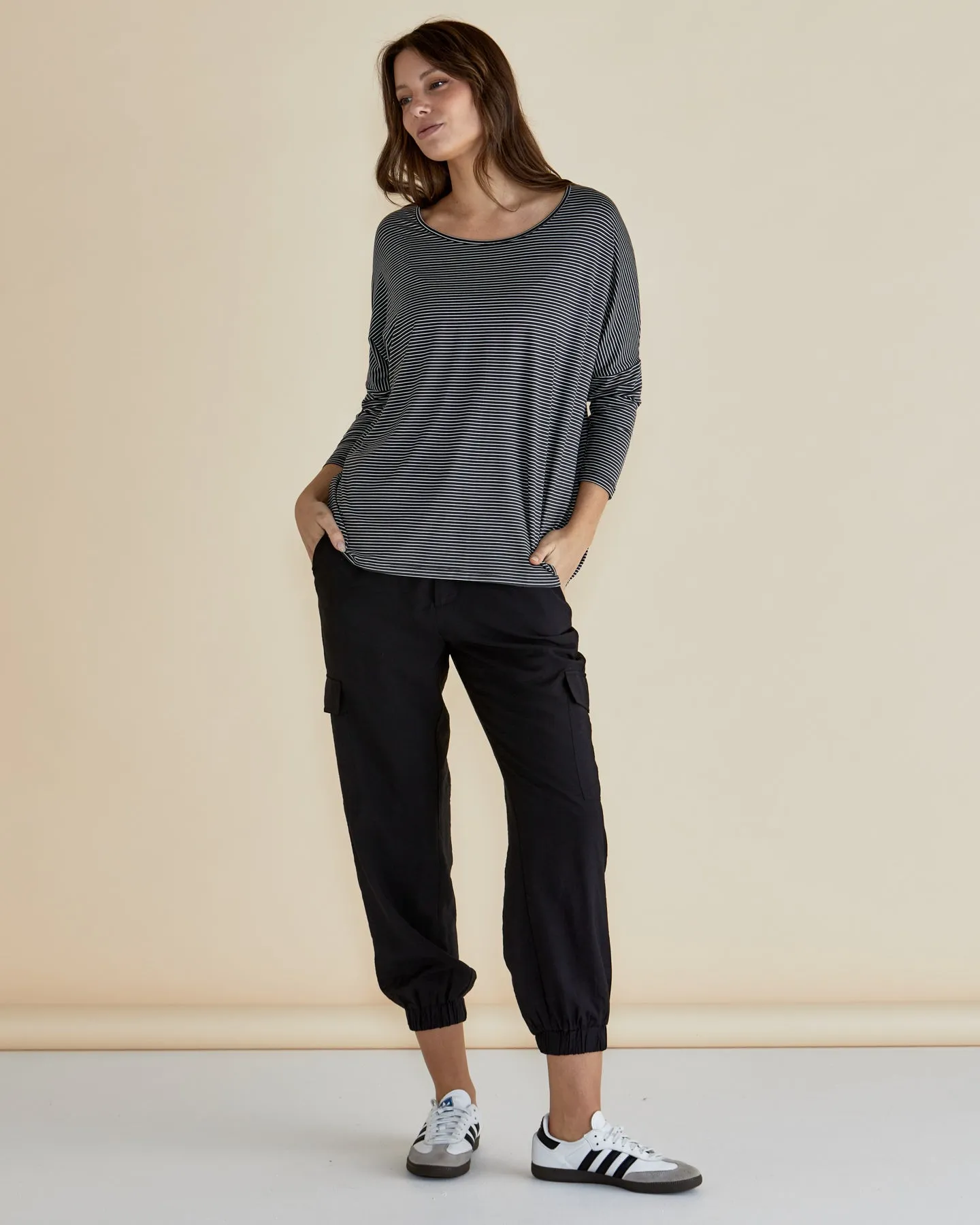 Betty Basics Milan 3/4 Sleeve Top Charcoal Stripe