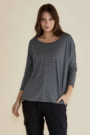 Betty Basics Milan 3/4 Sleeve Top Charcoal Stripe