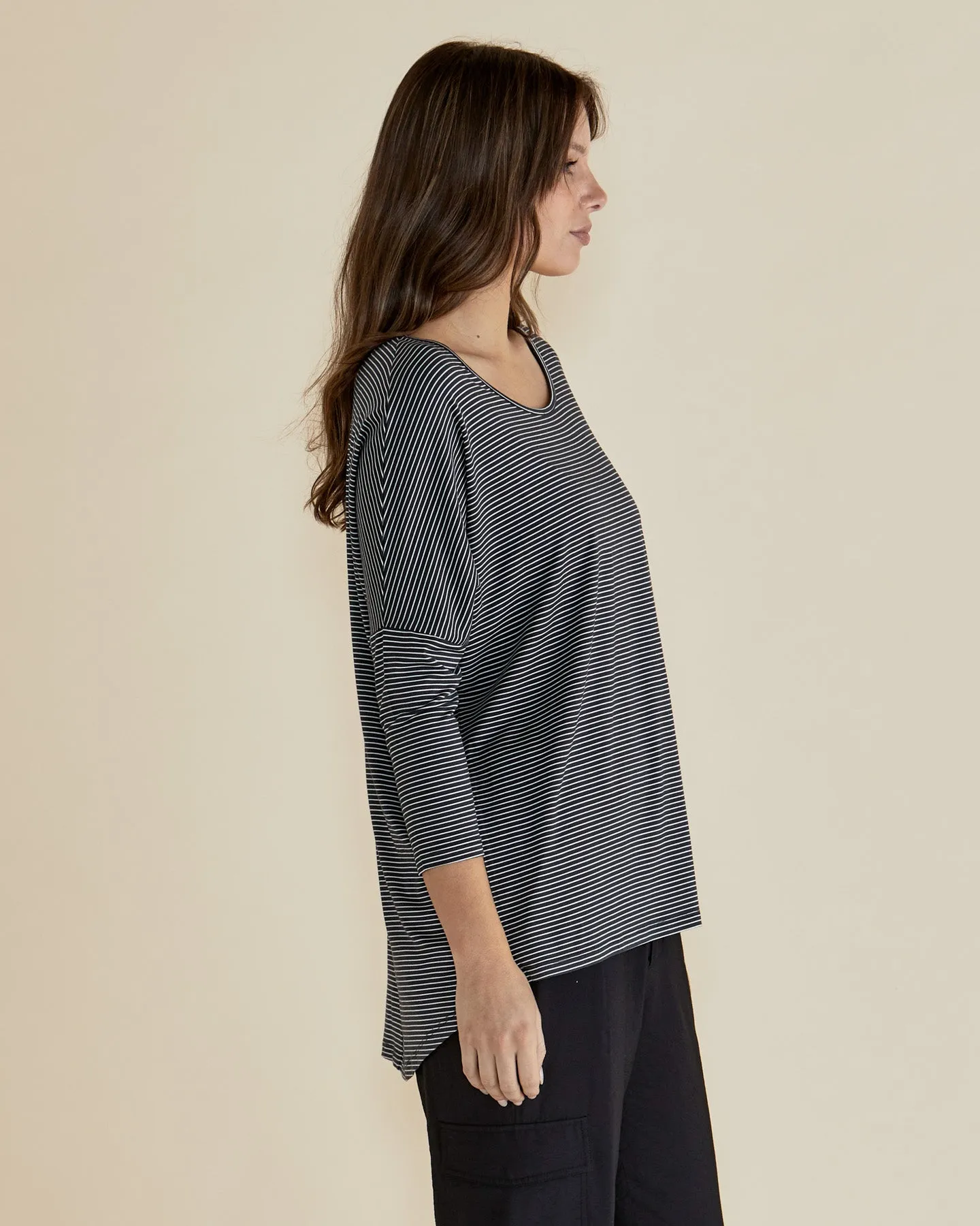 Betty Basics Milan 3/4 Sleeve Top Charcoal Stripe
