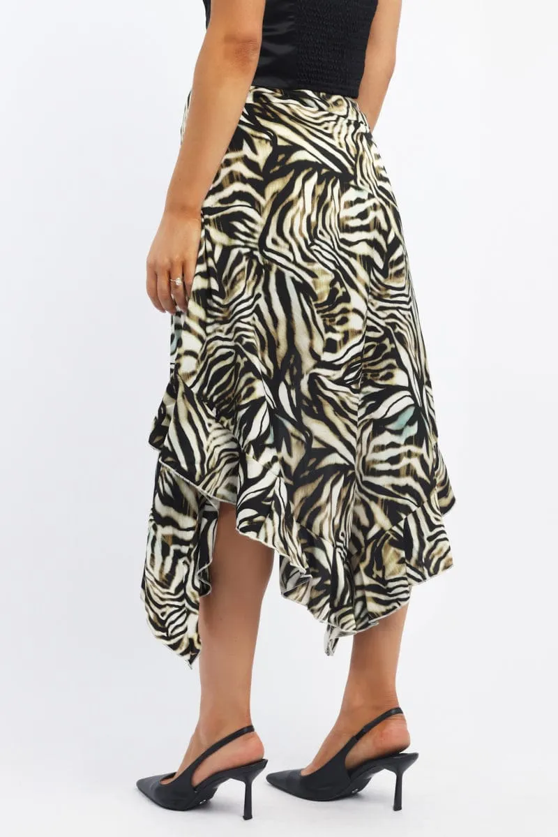 Black Animal Print Frill Skirt High Waisted High Low Midi