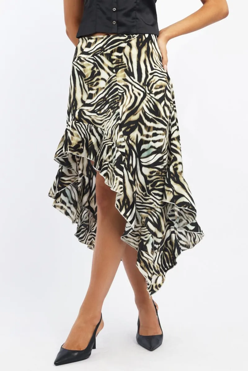 Black Animal Print Frill Skirt High Waisted High Low Midi