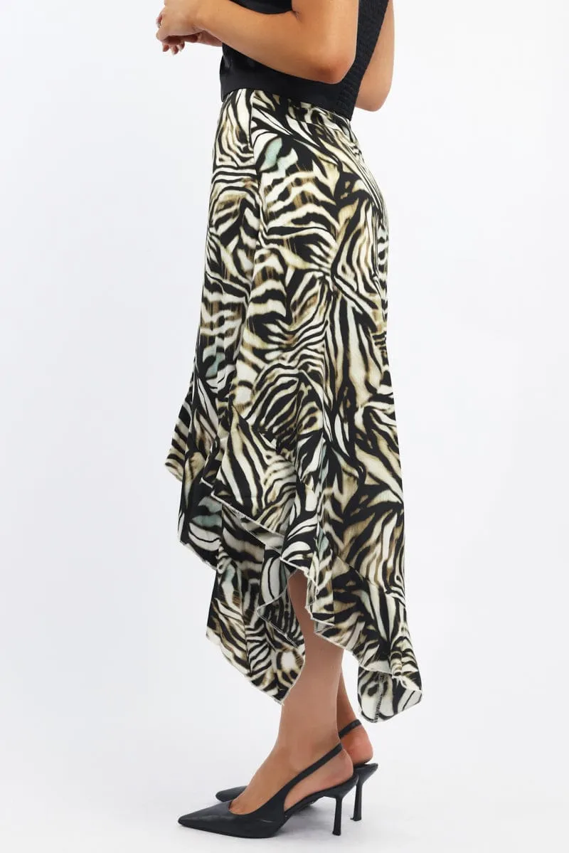 Black Animal Print Frill Skirt High Waisted High Low Midi