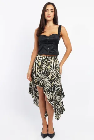 Black Animal Print Frill Skirt High Waisted High Low Midi