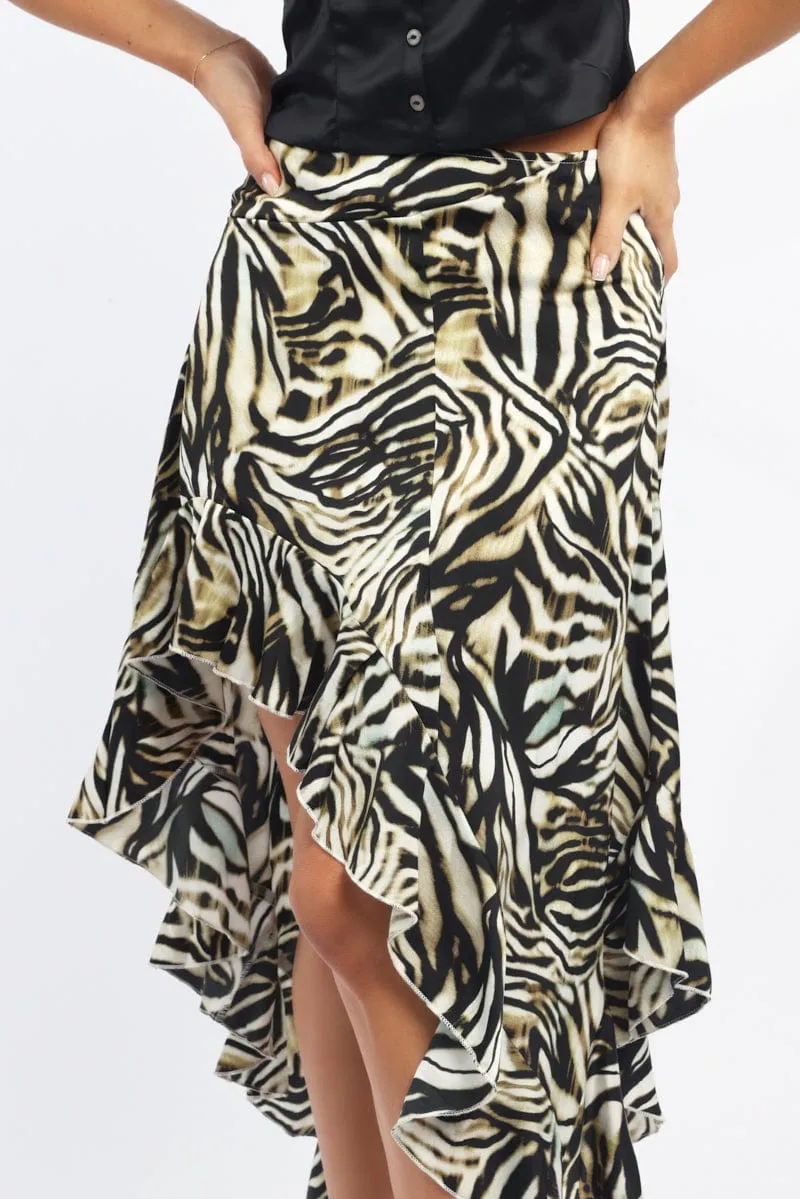 Black Animal Print Frill Skirt High Waisted High Low Midi