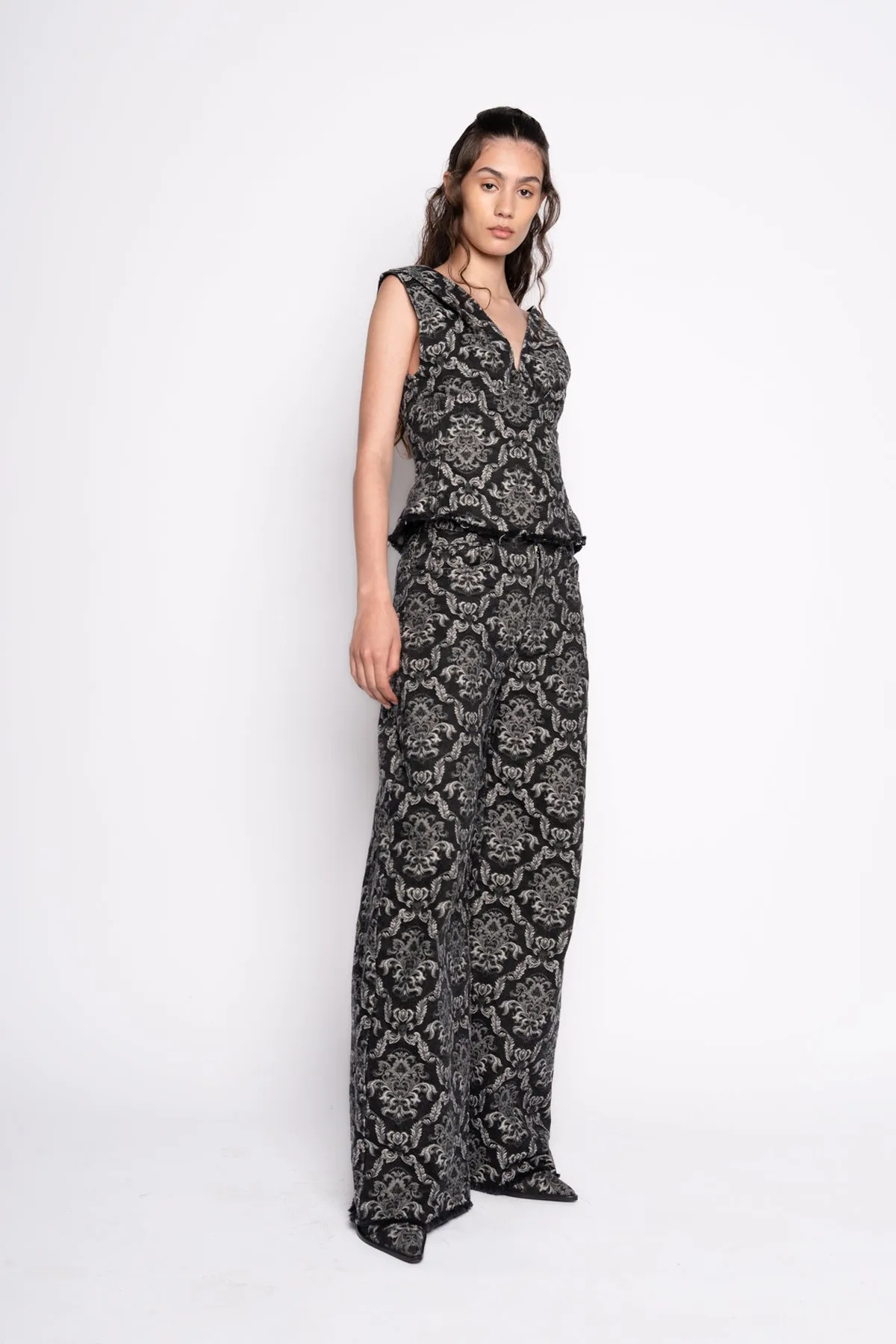 BLACK BROCADE DENIM BOYFRIEND TROUSERS