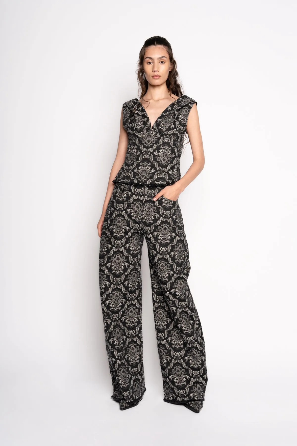 BLACK BROCADE DENIM BOYFRIEND TROUSERS