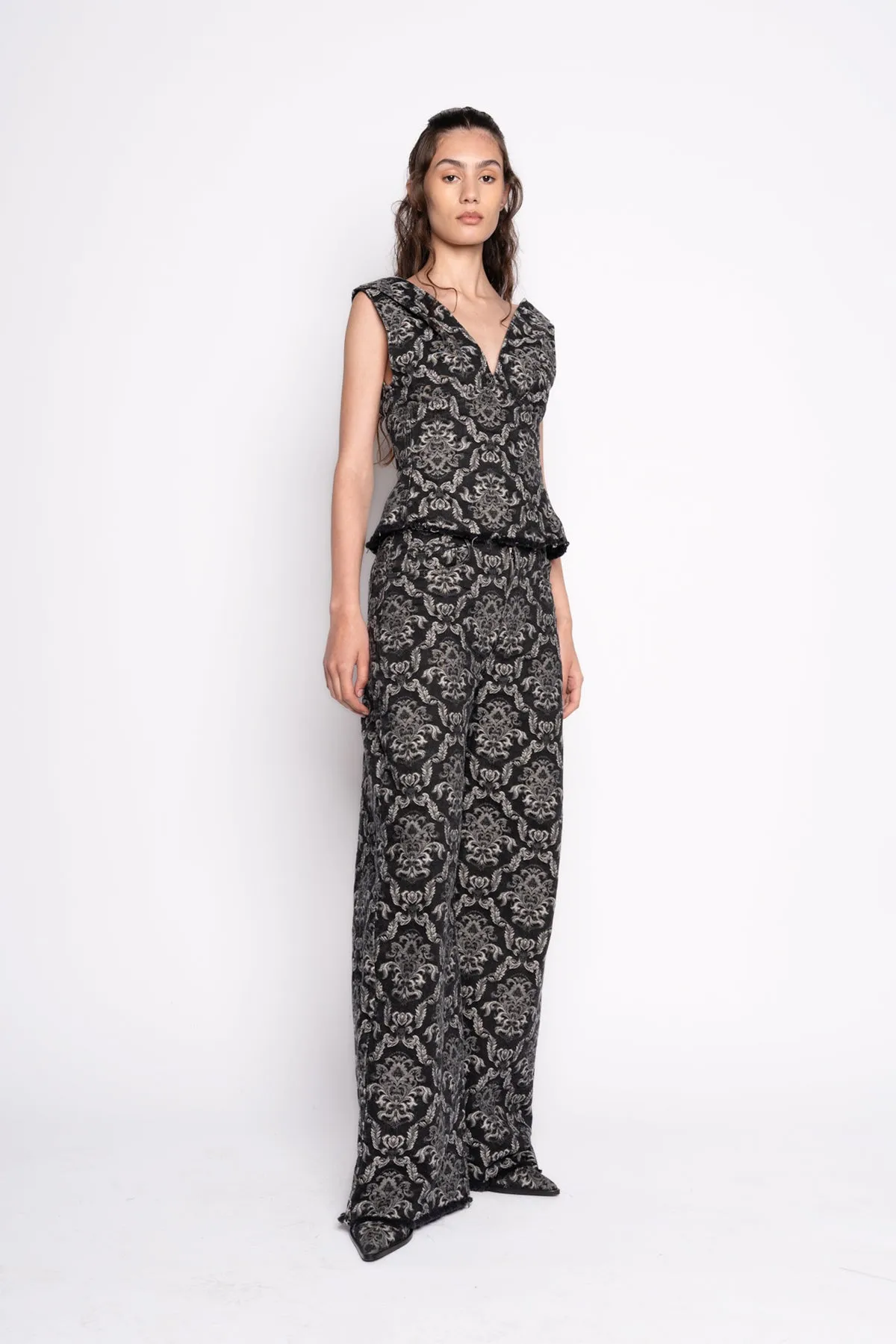 BLACK BROCADE DENIM BOYFRIEND TROUSERS