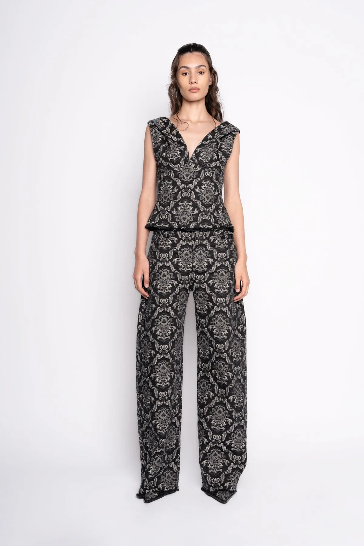 BLACK BROCADE DENIM BOYFRIEND TROUSERS