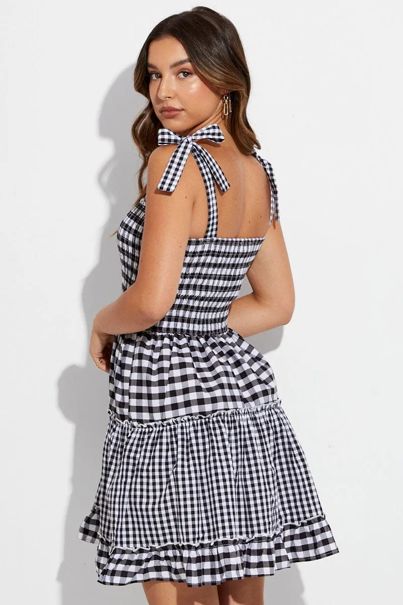 Black Check Fit And Flare Dress Shirred