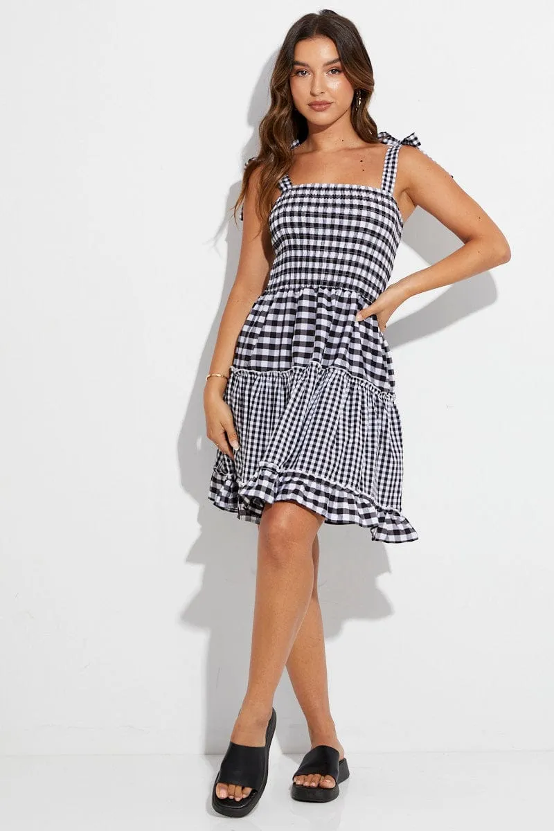 Black Check Fit And Flare Dress Shirred