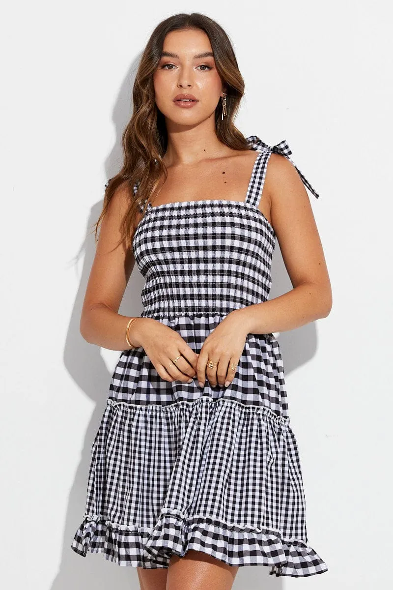 Black Check Fit And Flare Dress Shirred