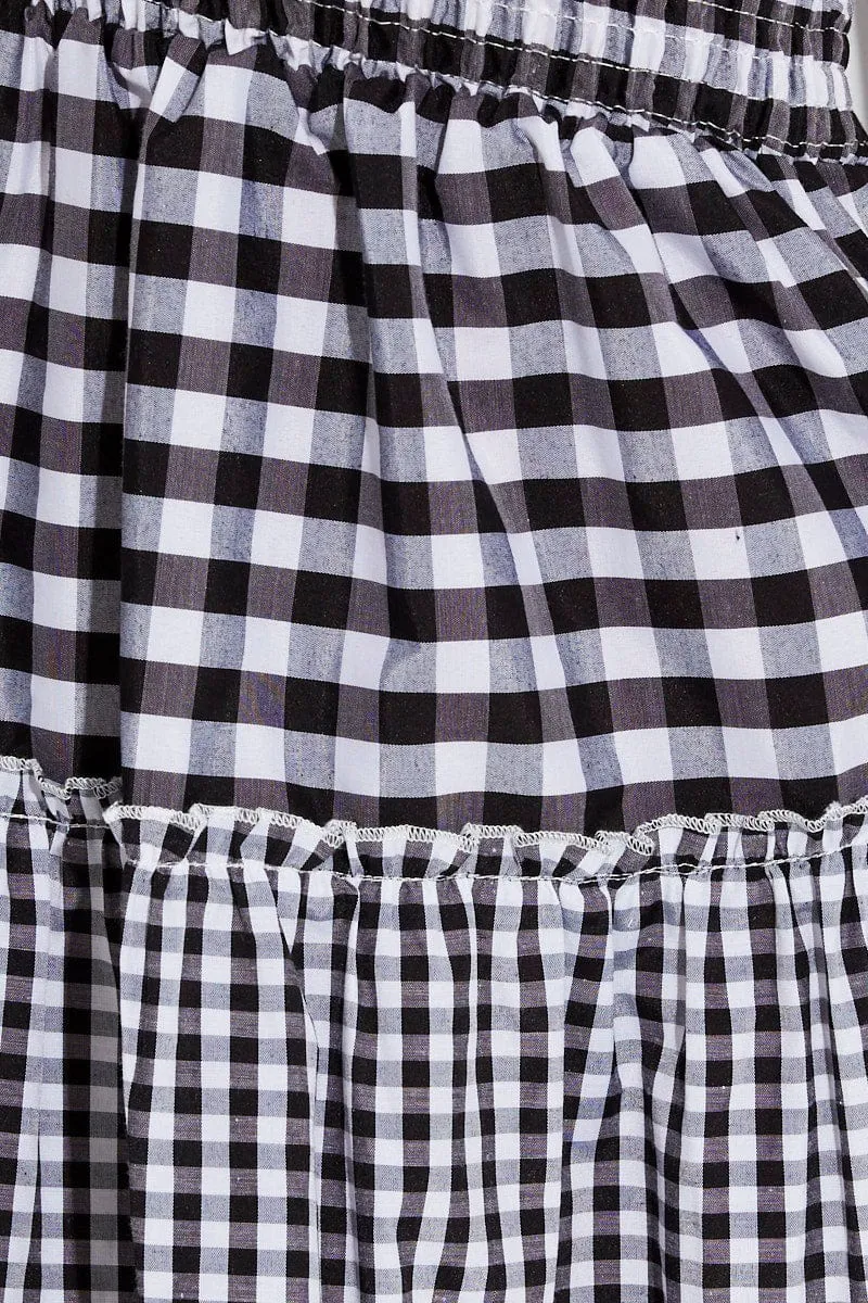 Black Check Fit And Flare Dress Shirred