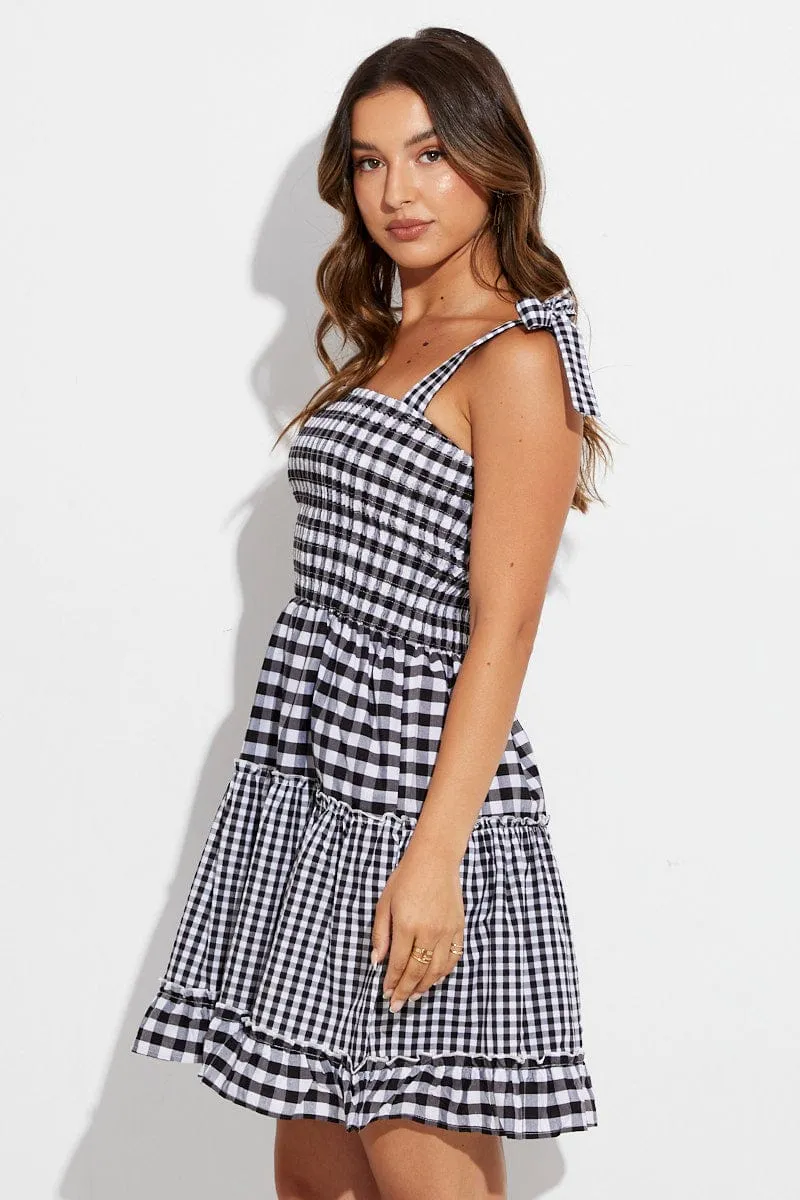 Black Check Fit And Flare Dress Shirred