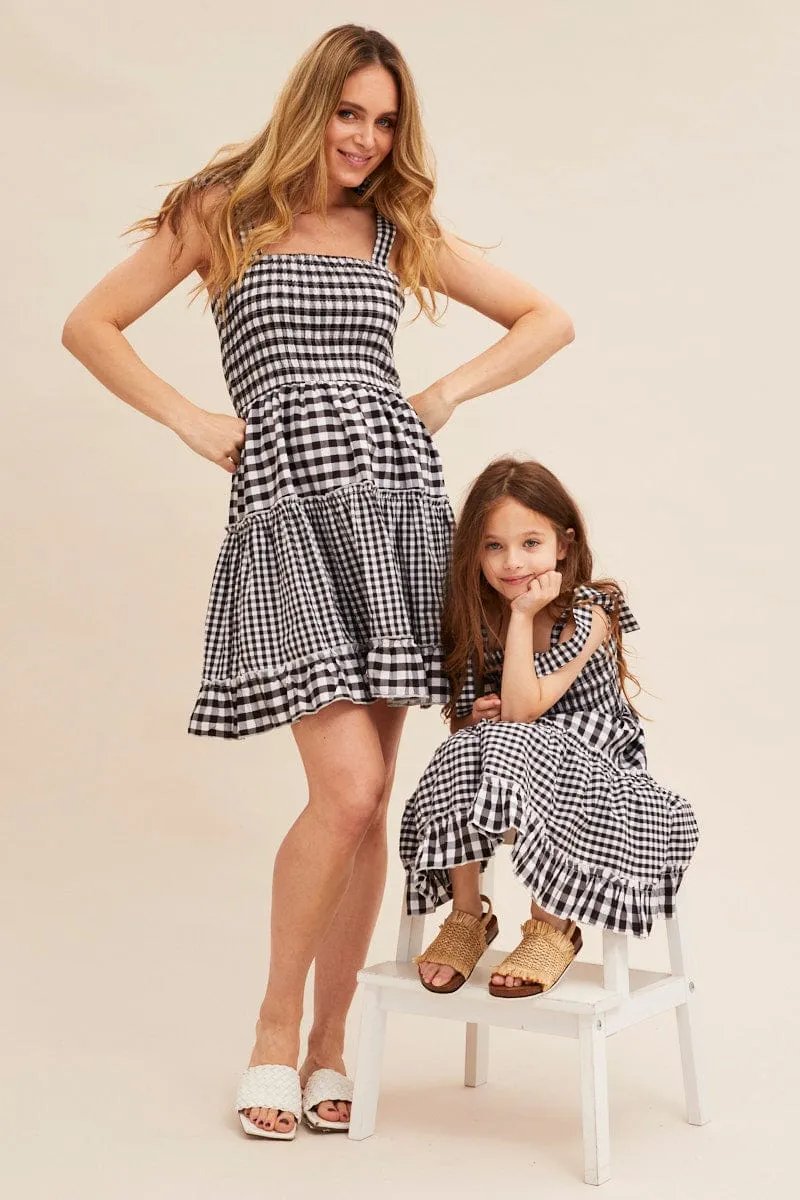 Black Check Fit And Flare Dress Sleeveless Shirred
