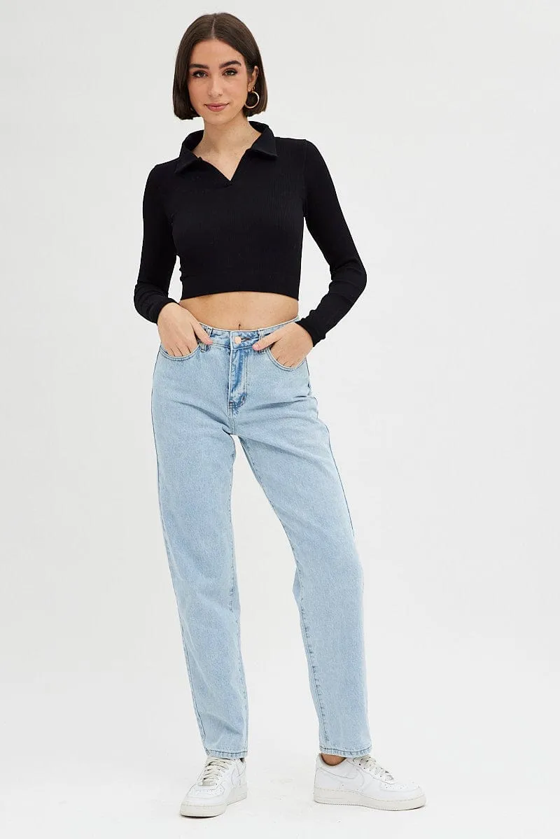 Black Collar Top Long sleeve Seamless