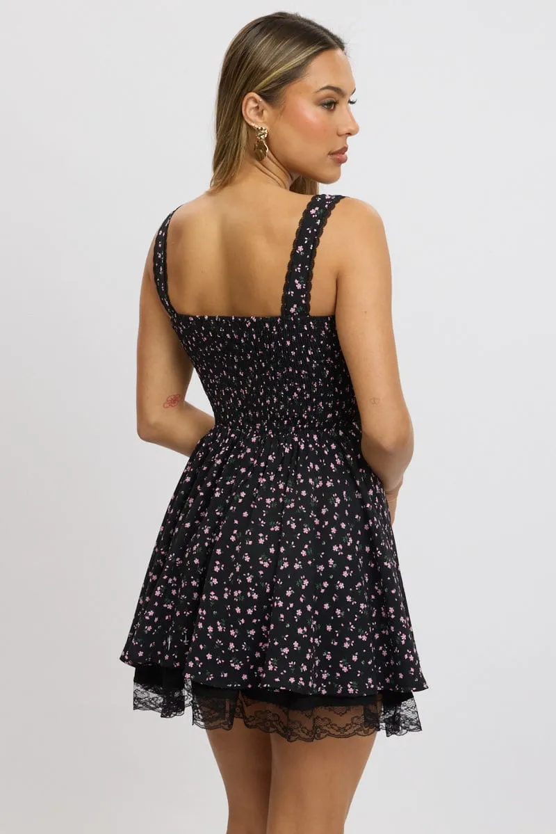 Black Ditsy Fit And Flare Dress Corset Detail Mini