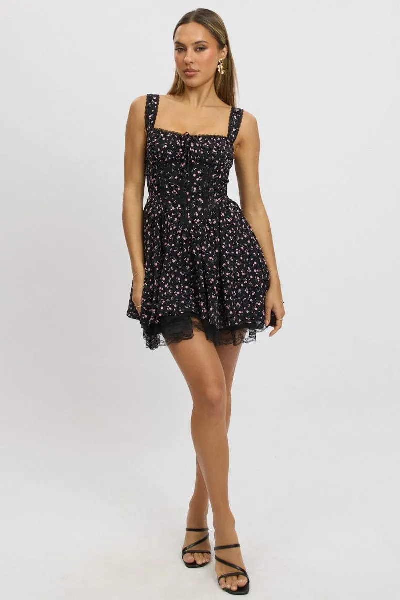 Black Ditsy Fit And Flare Dress Corset Detail Mini