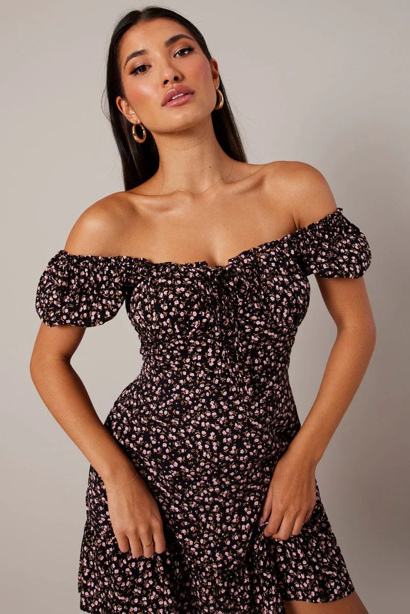 Black Ditsy Fit and Flare Dress Short Sleeve Lace Up Front