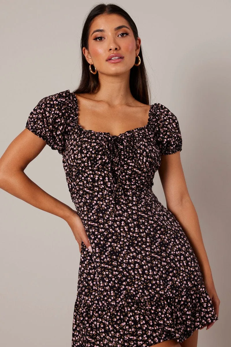 Black Ditsy Fit and Flare Dress Short Sleeve Lace Up Front