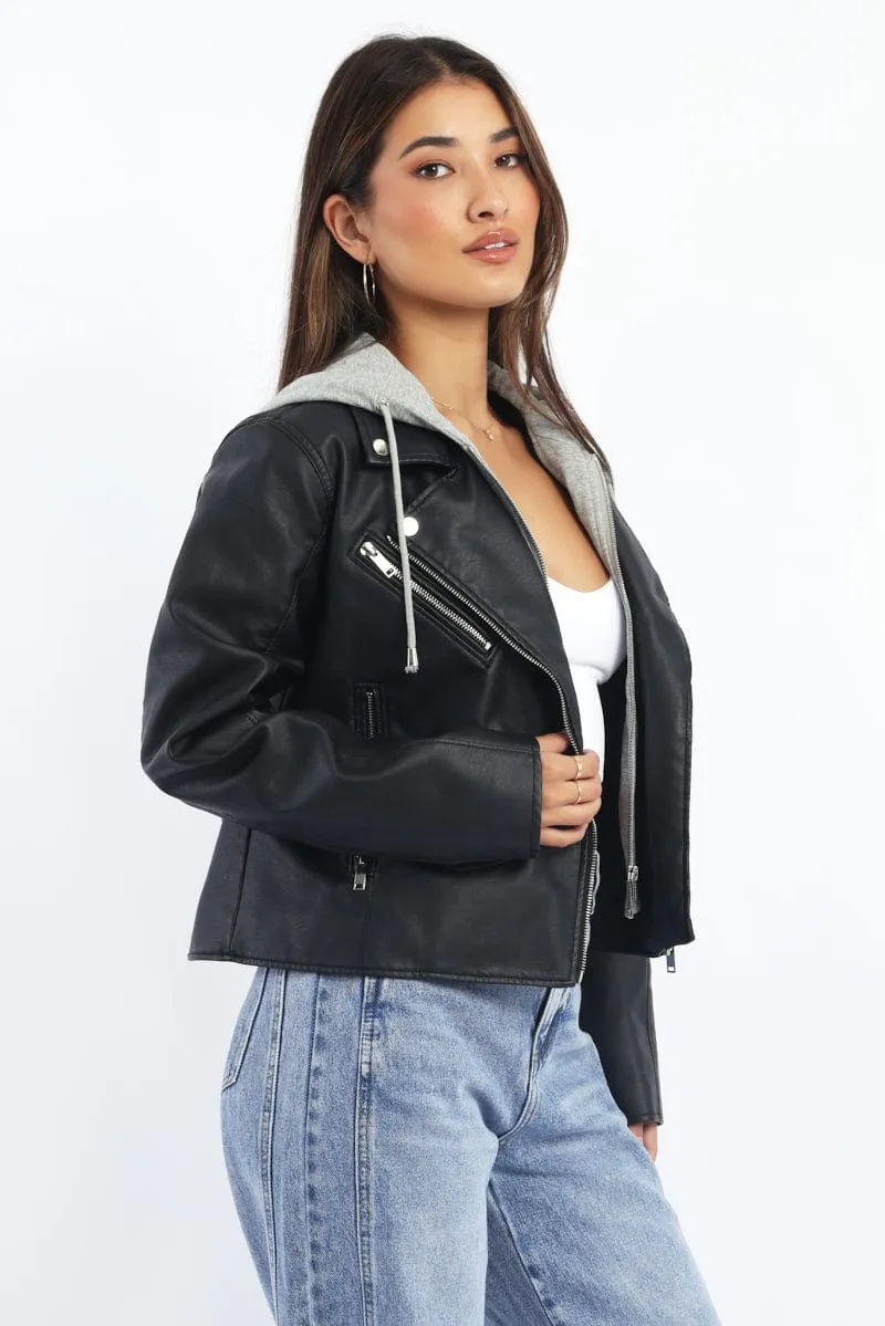 Black Faux leather Biker With Removable Hoodie