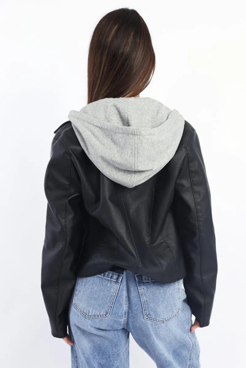 Black Faux leather Biker With Removable Hoodie