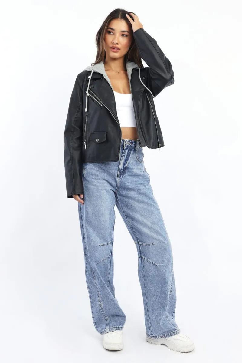 Black Faux leather Biker With Removable Hoodie