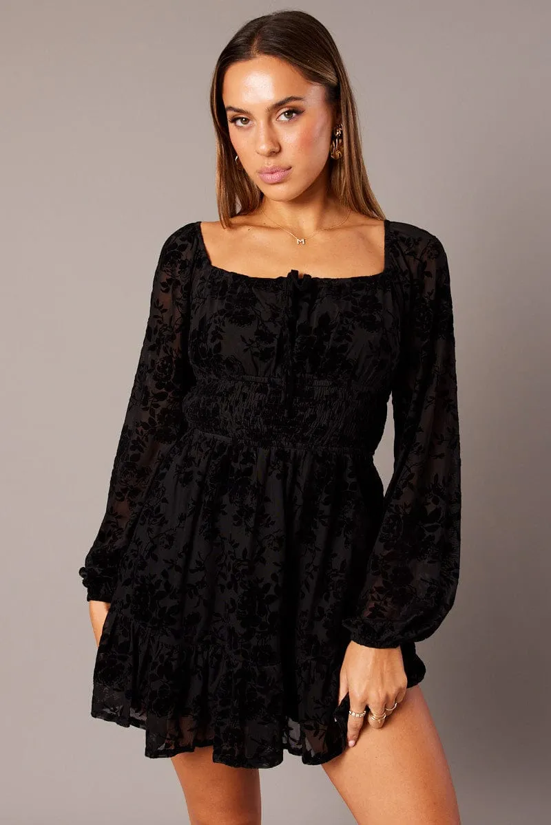 Black Fit and Flare Dress Long Sleeve Burn Out