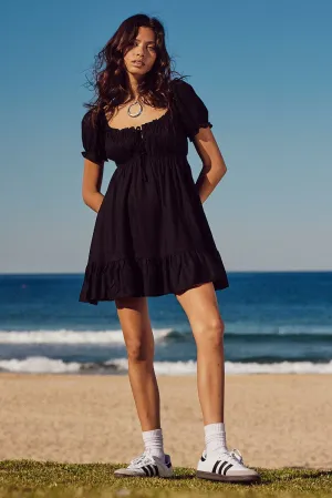 Black Fit And Flare Dress Puff Sleeve Mini