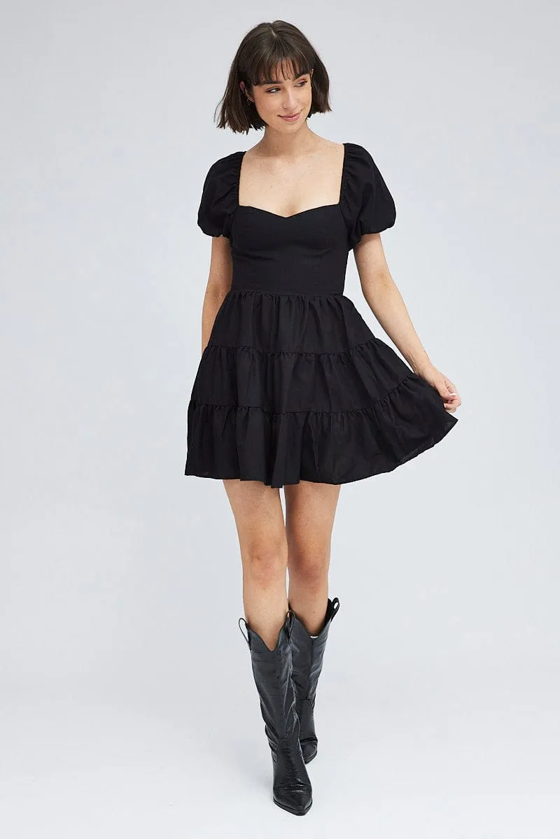 Black Fit And Flare Dress Puff Sleeve Mini