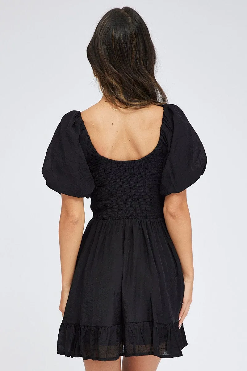 Black Fit And Flare Dress Shirred Bust Mini