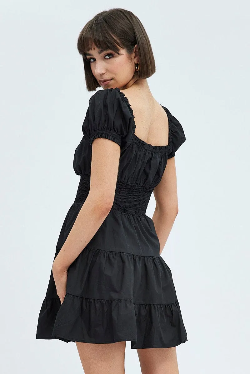 Black Fit and Flare Dress Short Sleeve Shirred
