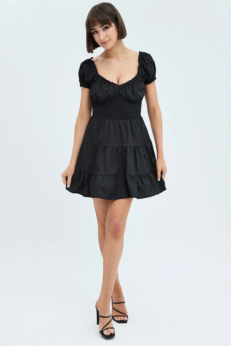Black Fit and Flare Dress Short Sleeve Shirred
