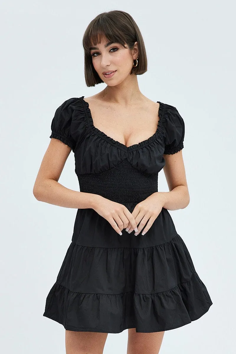 Black Fit and Flare Dress Short Sleeve Shirred