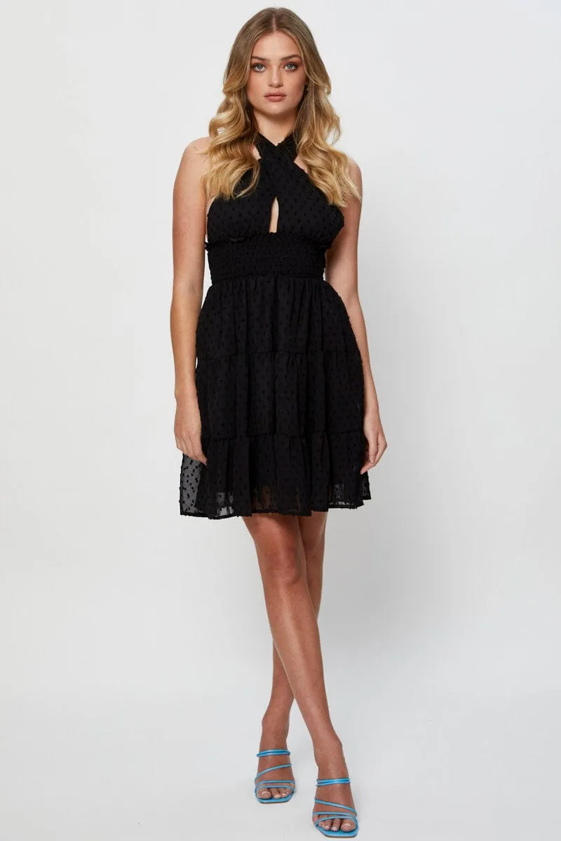 Black Fit And Flare Dress Sleeveless Halter Neck