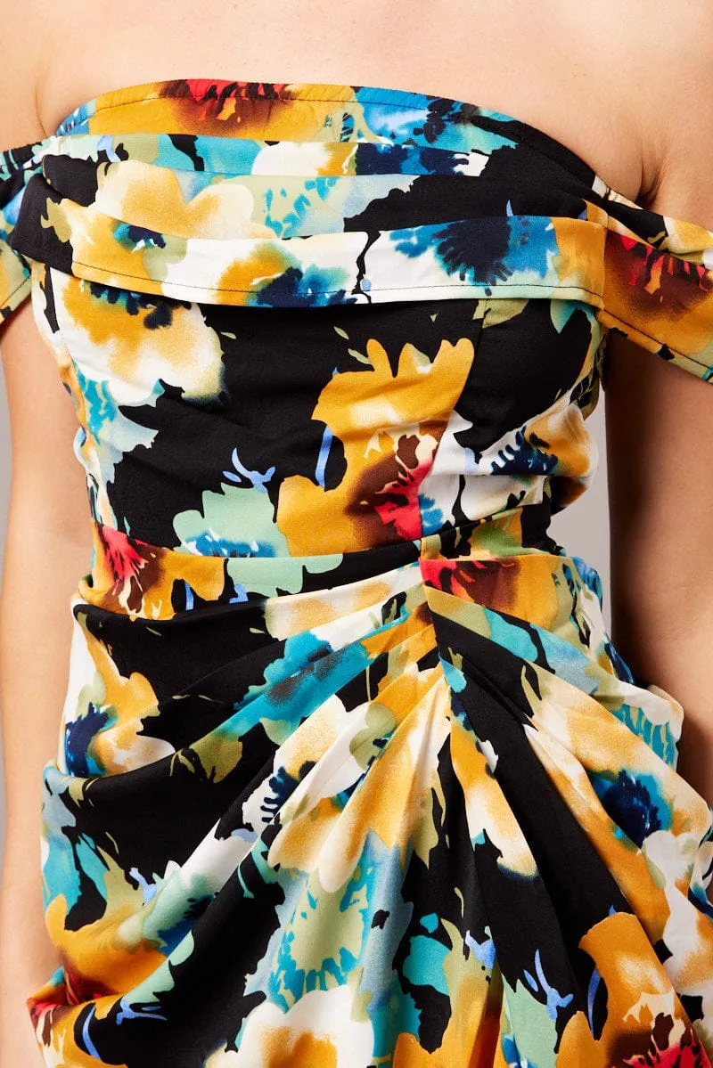 Black Floral Bardot Midi Dress Draped Off Shoulder Dress