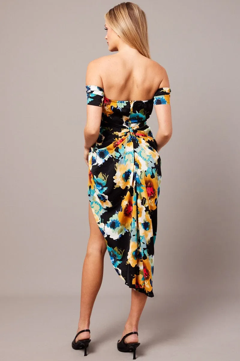 Black Floral Bardot Midi Dress Draped Off Shoulder Dress