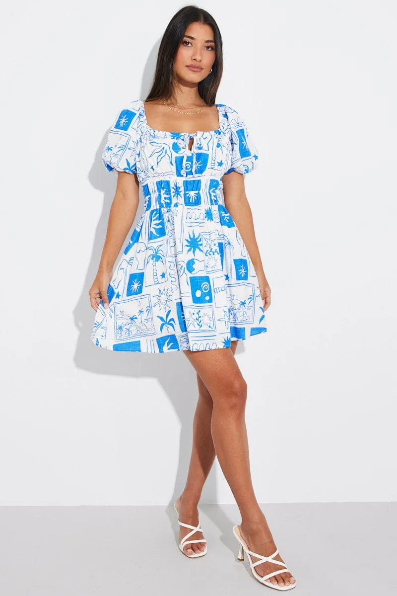 Black Floral Fit And Flare Dress Puff Sleeve Mini