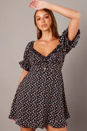Black Floral Fit And Flare Dress Puff Sleeve