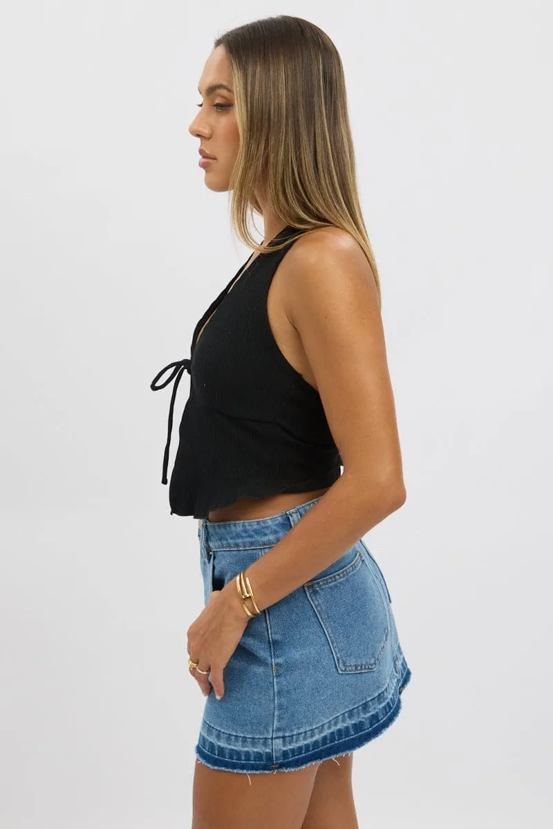 Black Halter Neck Top Rib