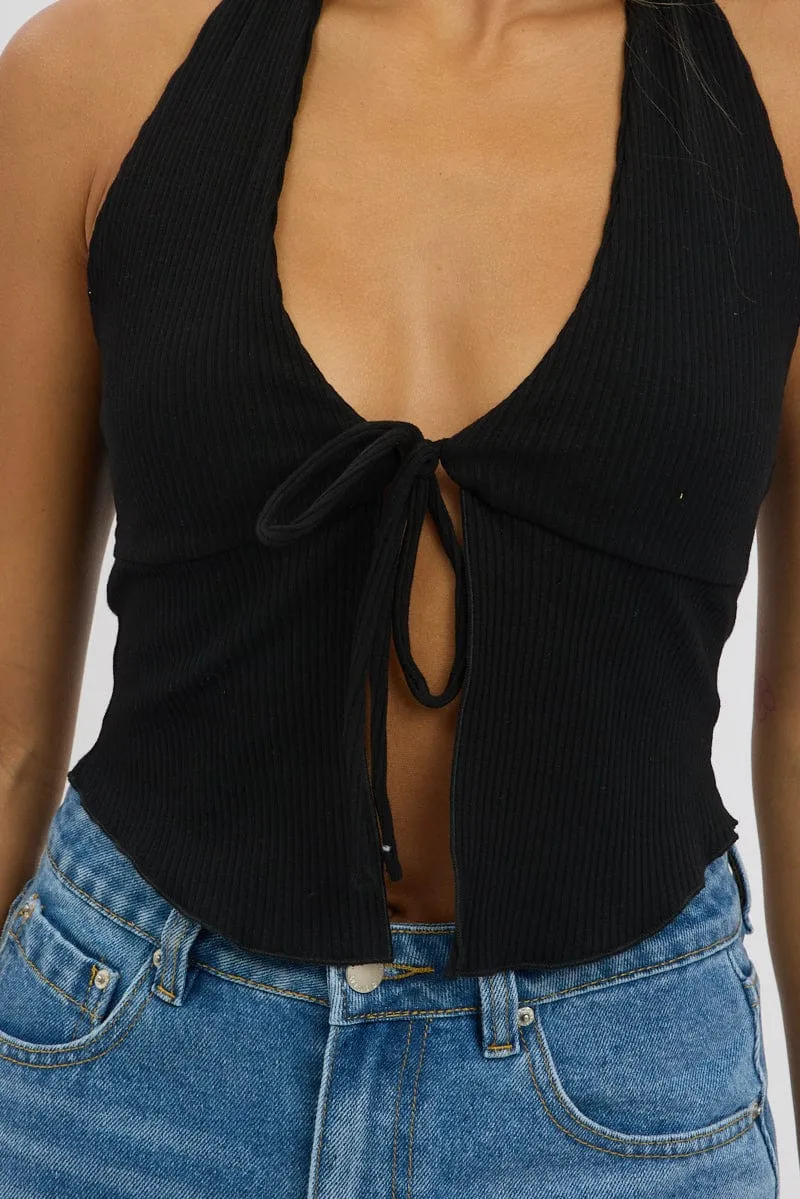 Black Halter Neck Top Rib