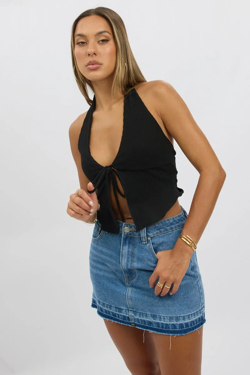 Black Halter Neck Top Rib