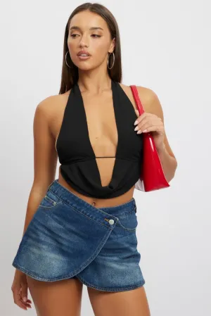 Black Halter Top Sleeveless Loop Design Open Back